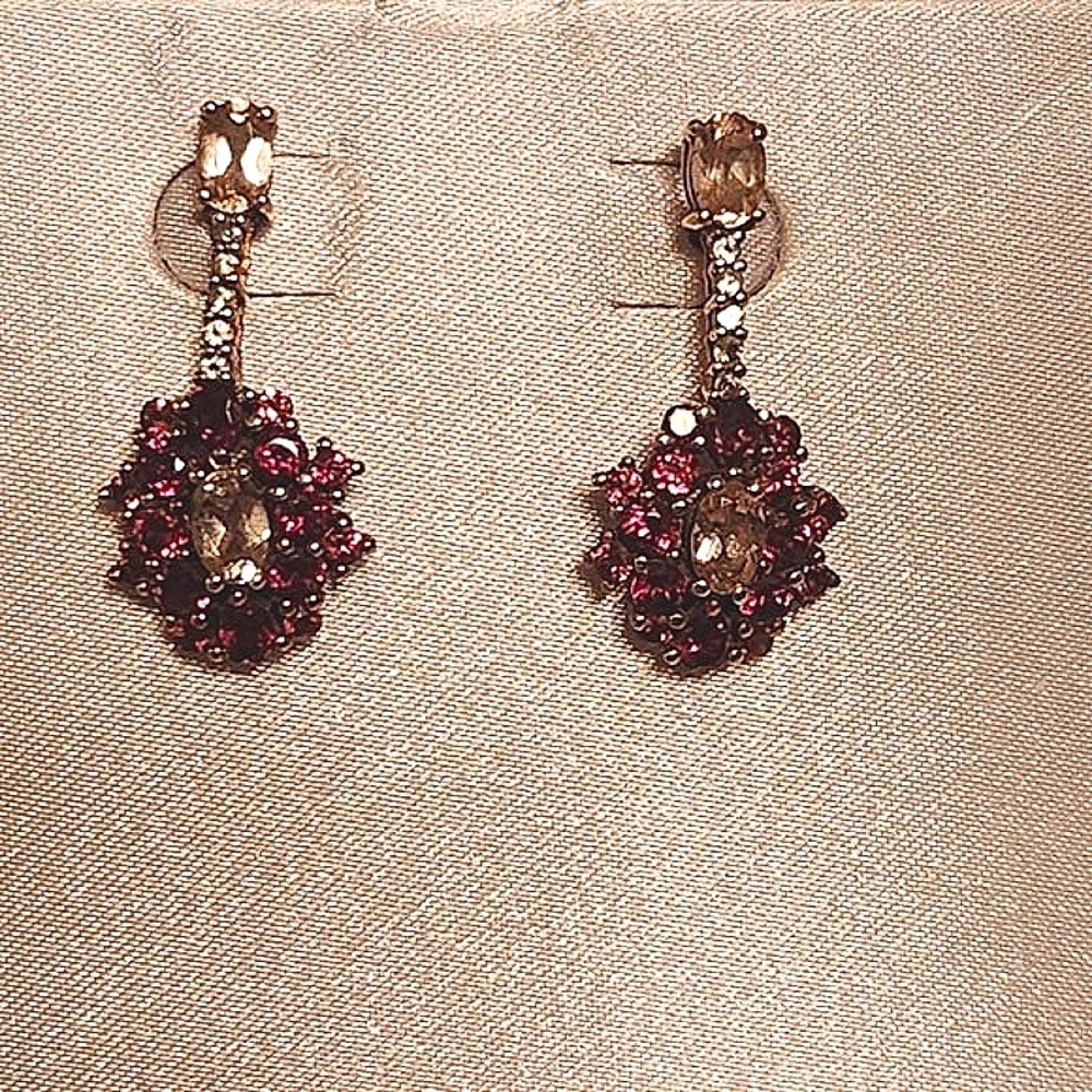 Women's 925 Vintage Vermillion Rhodolite Garnet, Morganite and Diamond Earrings